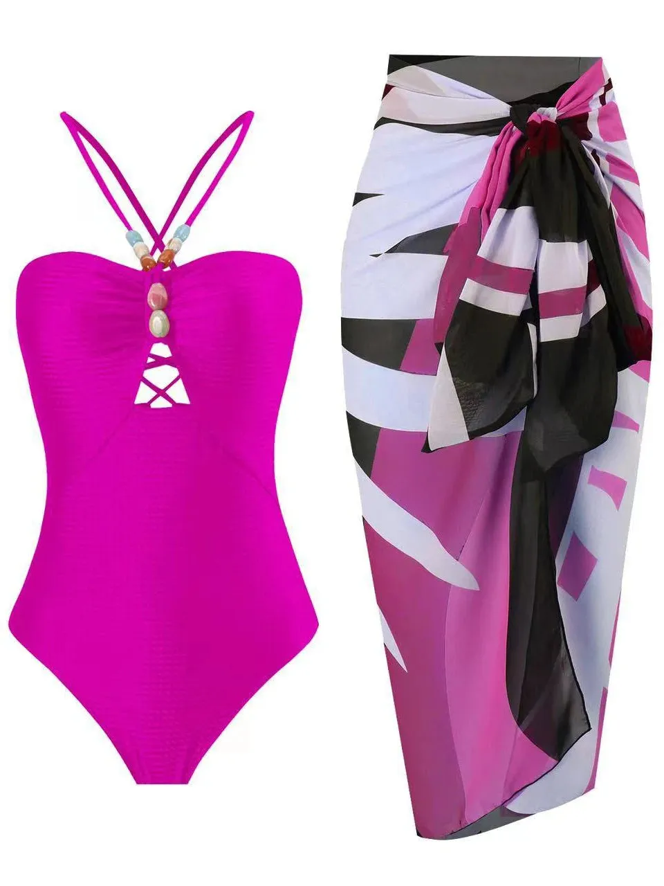 Beachy Drawstring Bodysuit With Long Skirt Swimwear