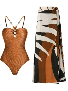 Beachy Drawstring Bodysuit With Long Skirt Swimwear