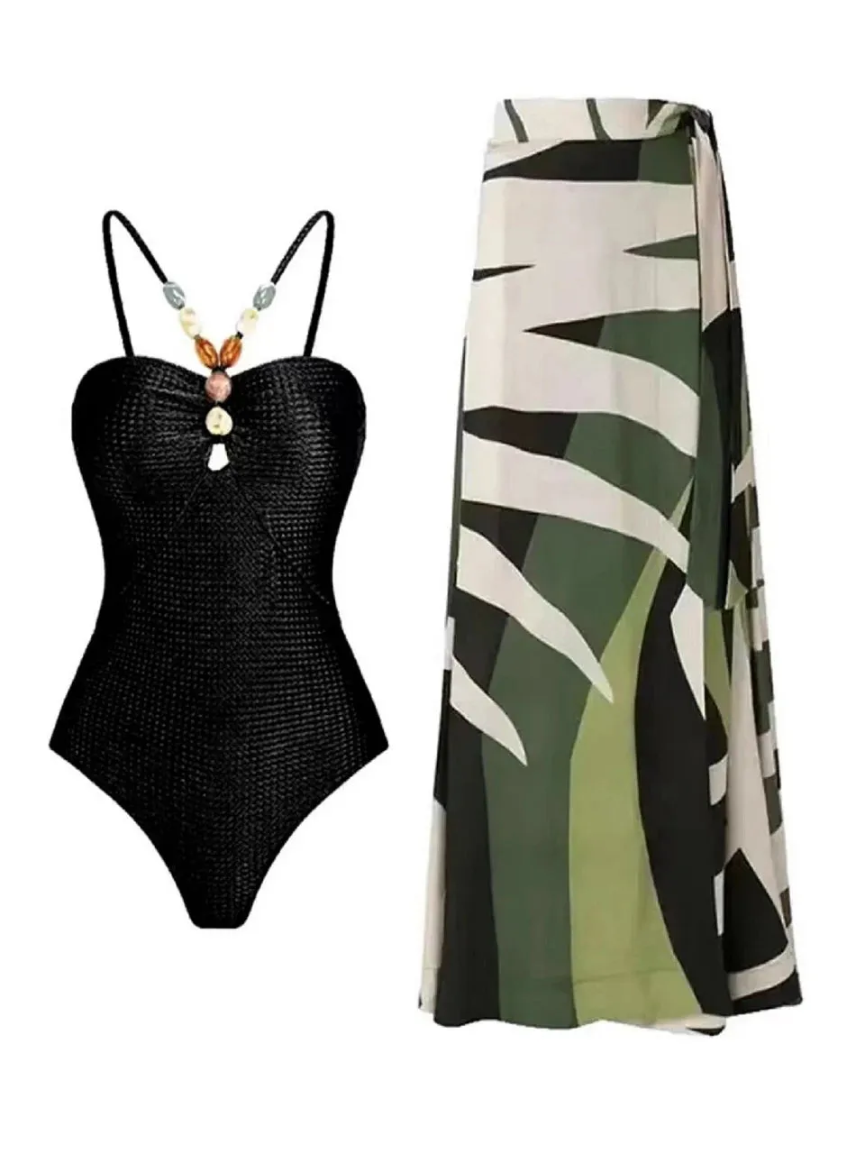 Beachy Drawstring Bodysuit With Long Skirt Swimwear