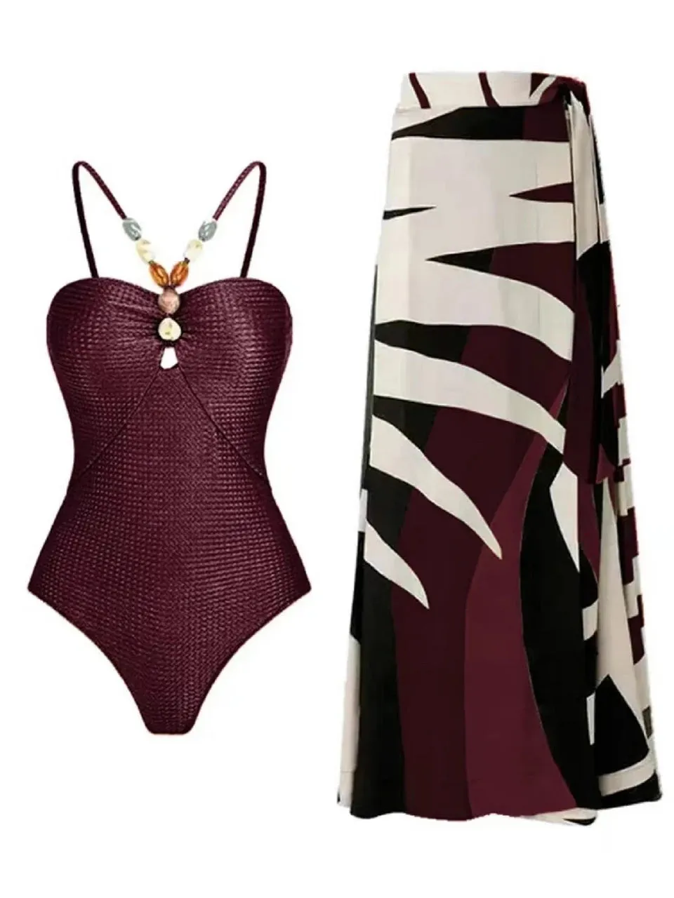 Beachy Drawstring Bodysuit With Long Skirt Swimwear