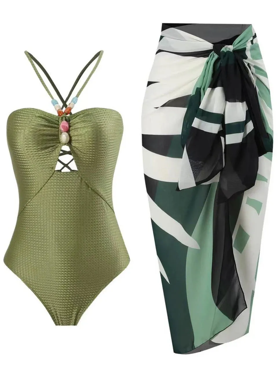 Beachy Drawstring Bodysuit With Long Skirt Swimwear