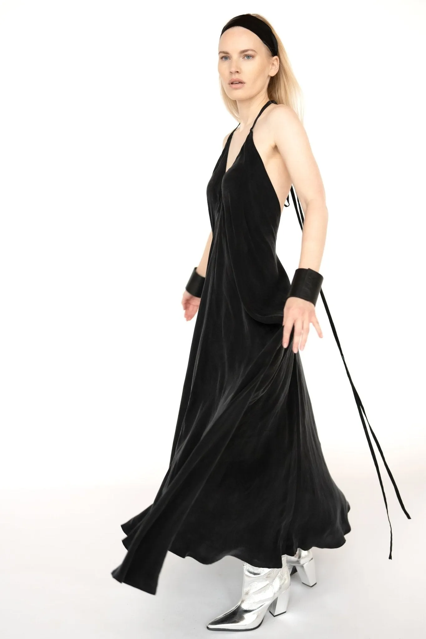 Black Cupro Silk Trapeze Dress/open Back long dress/ one size