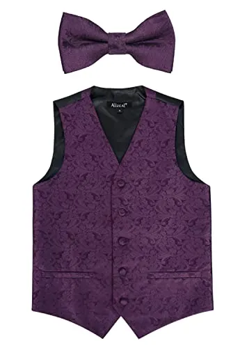 Boy's Classic Paisley Jacquard Pre-Tied Bow Tie and Waistcoat Set, 079-Plum Purple