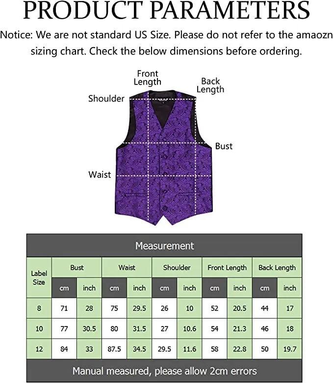 Boy's Classic Paisley Jacquard Pre-Tied Bow Tie and Waistcoat Set, 079-Plum Purple