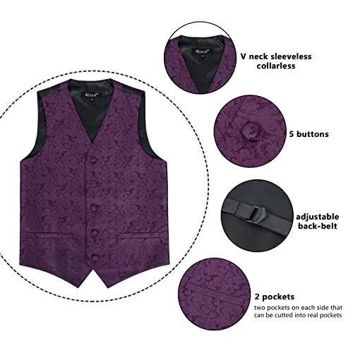 Boy's Classic Paisley Jacquard Pre-Tied Bow Tie and Waistcoat Set, 079-Plum Purple