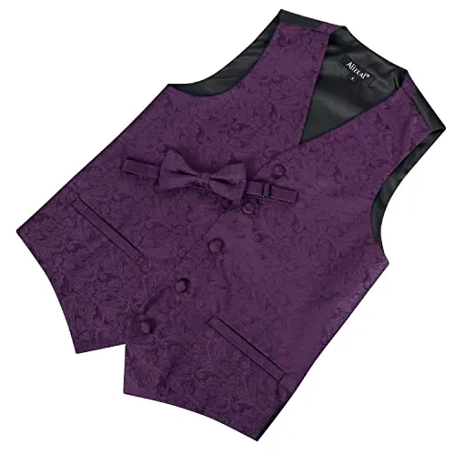 Boy's Classic Paisley Jacquard Pre-Tied Bow Tie and Waistcoat Set, 079-Plum Purple