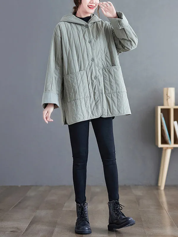 Casual Long Sleeves Loose Buttoned Keep Warm Solid Color Hooded Padded Coat/Down Coat