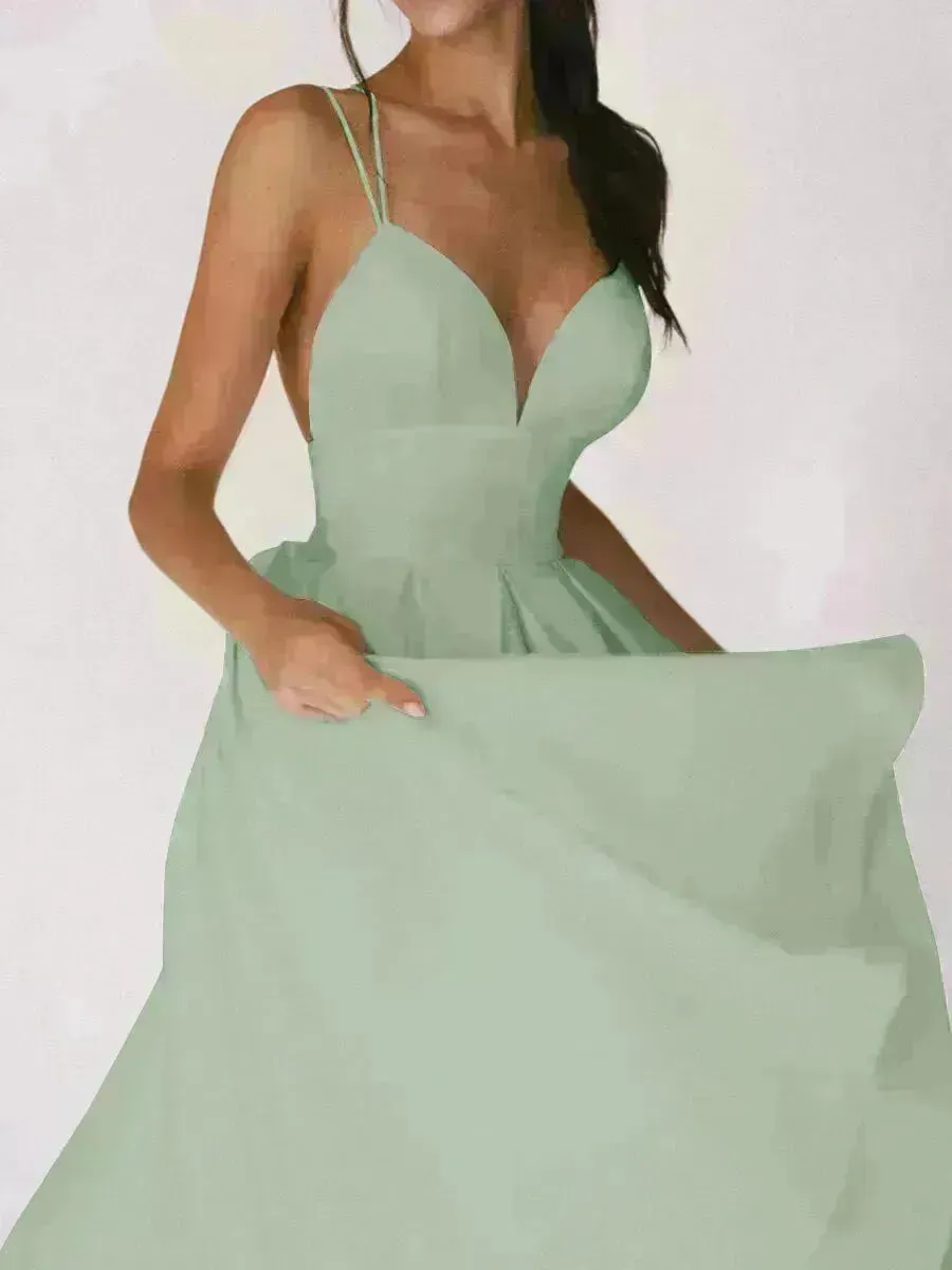 Charming V-neck Suspender Dress Summer Fashion A-Line Long Dresses For Women Sleeveless Skater Dress for Wedding cocktail evening  dinner party events
