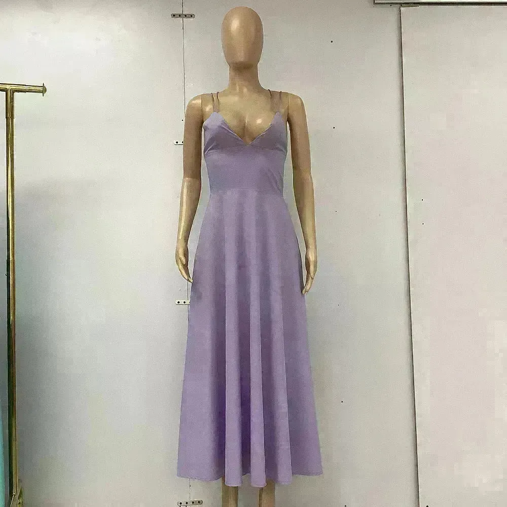 Charming V-neck Suspender Dress Summer Fashion A-Line Long Dresses For Women Sleeveless Skater Dress for Wedding cocktail evening  dinner party events