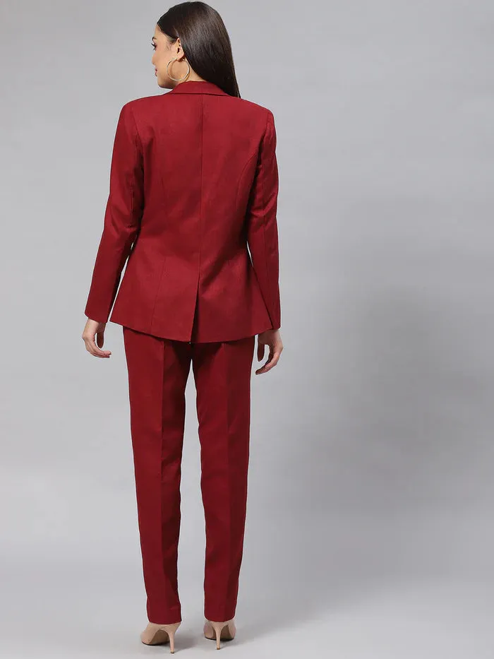 Classic Work Blazer & Trouser Women's Pant Suit Set - Wine Red
