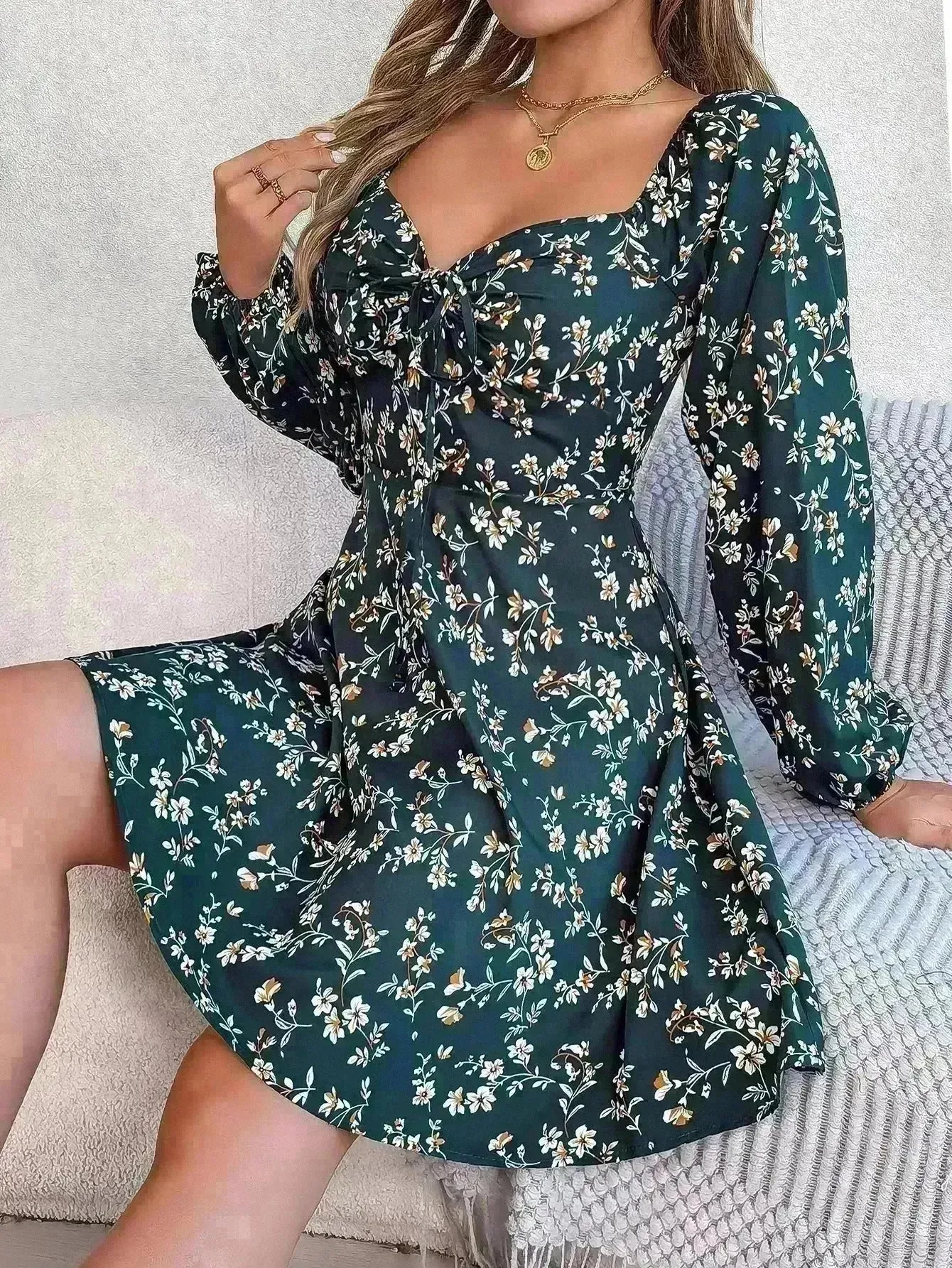 Fashion Floral Print Lantern Sleeve Short Mini Skater Dress Casual Charming Tie Square Neck Long Sleeve A-Line Dress Women's Clothing