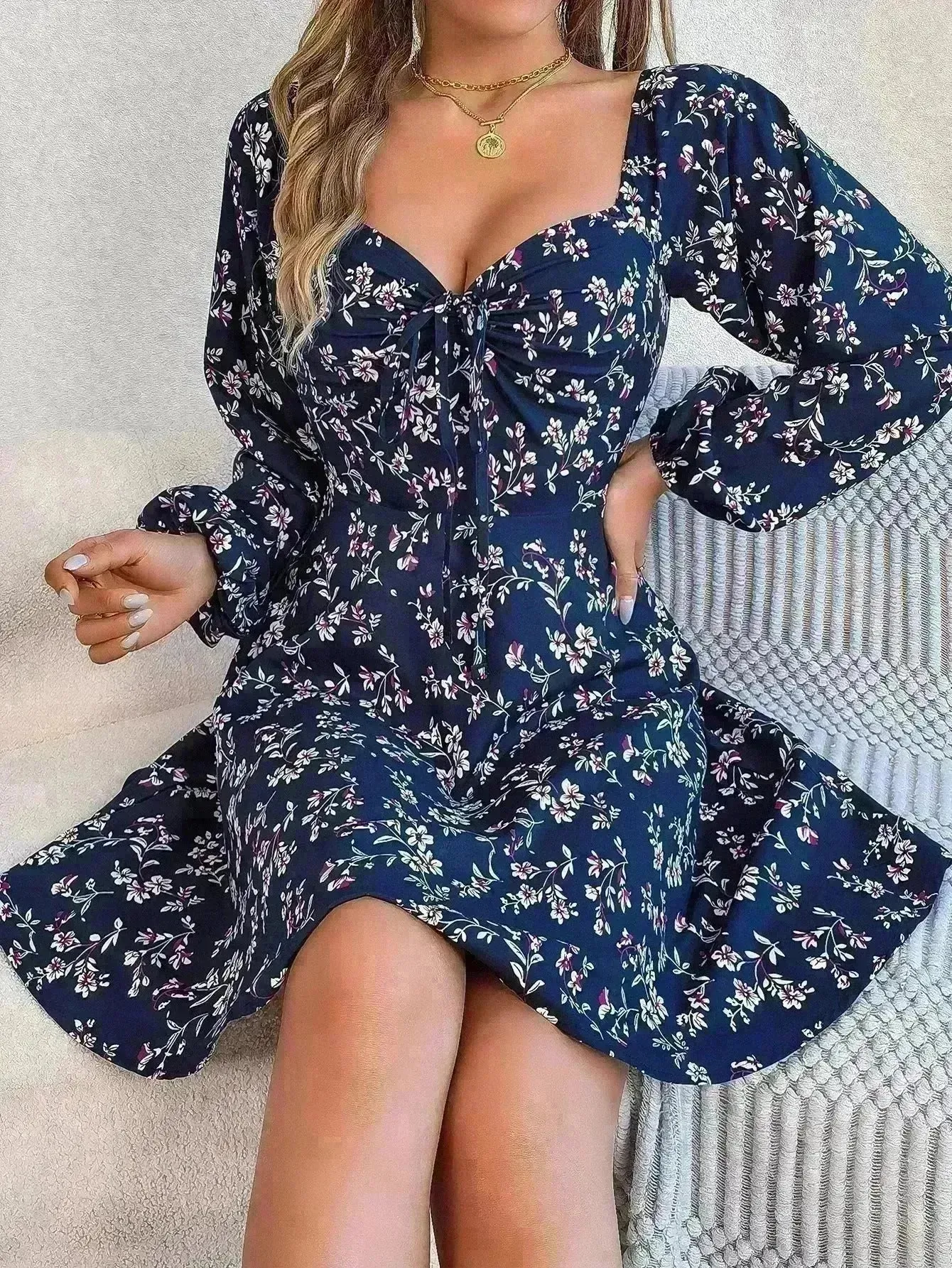 Fashion Floral Print Lantern Sleeve Short Mini Skater Dress Casual Charming Tie Square Neck Long Sleeve A-Line Dress Women's Clothing
