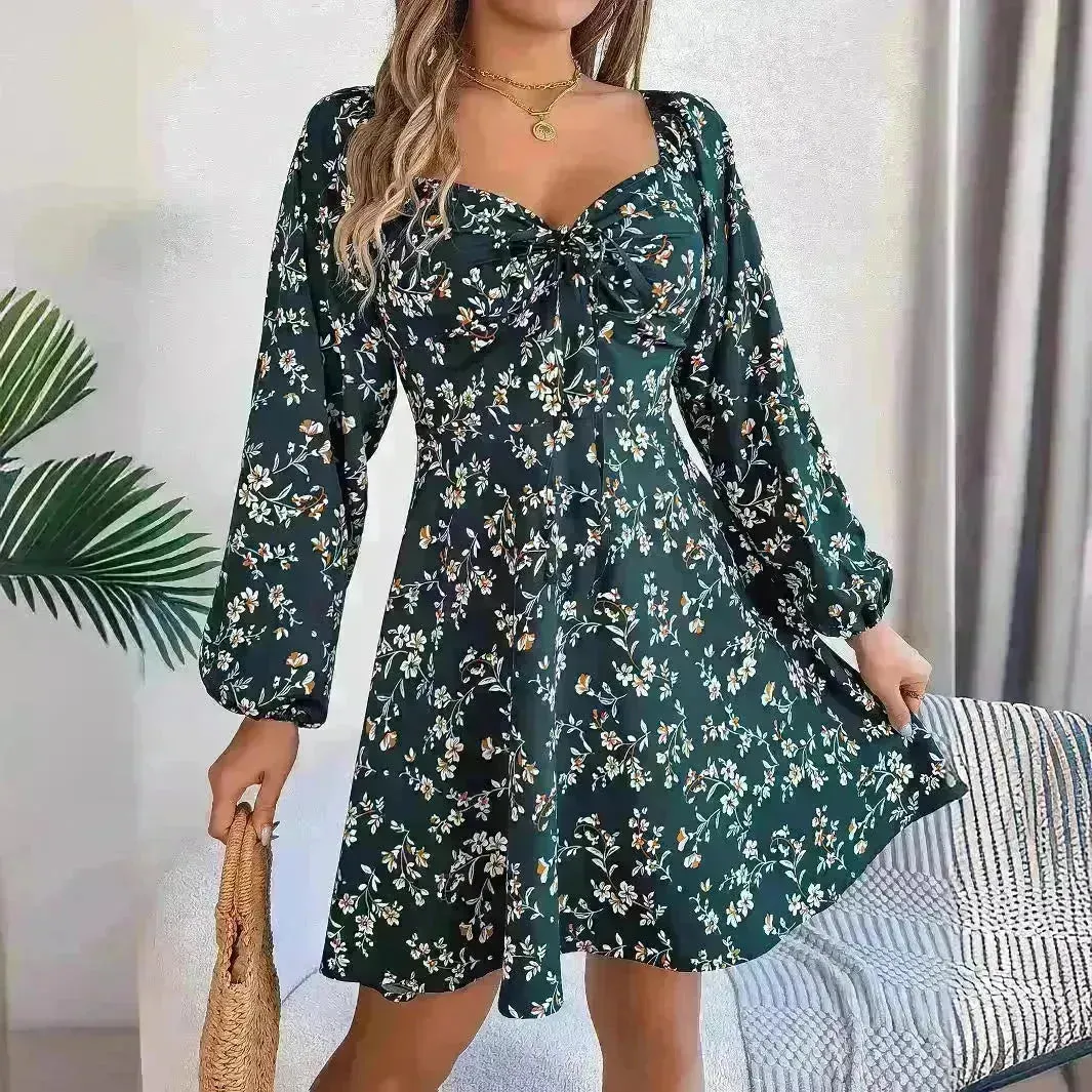 Fashion Floral Print Lantern Sleeve Short Mini Skater Dress Casual Charming Tie Square Neck Long Sleeve A-Line Dress Women's Clothing