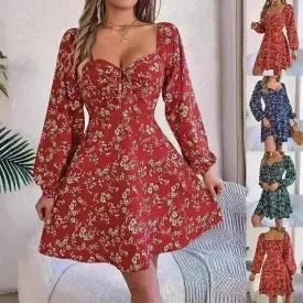 Fashion Floral Print Lantern Sleeve Short Mini Skater Dress Casual Charming Tie Square Neck Long Sleeve A-Line Dress Women's Clothing