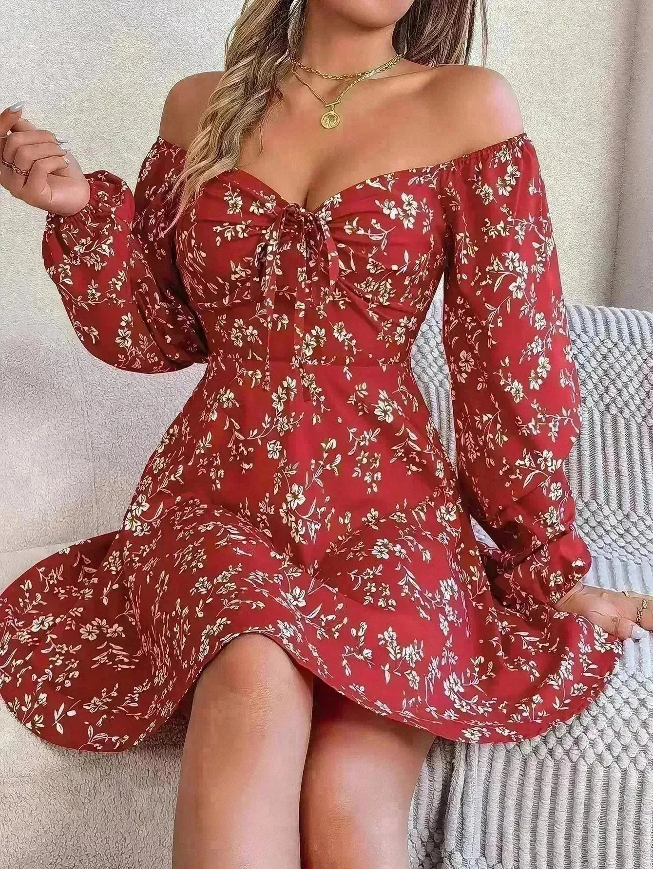 Fashion Floral Print Lantern Sleeve Short Mini Skater Dress Casual Charming Tie Square Neck Long Sleeve A-Line Dress Women's Clothing