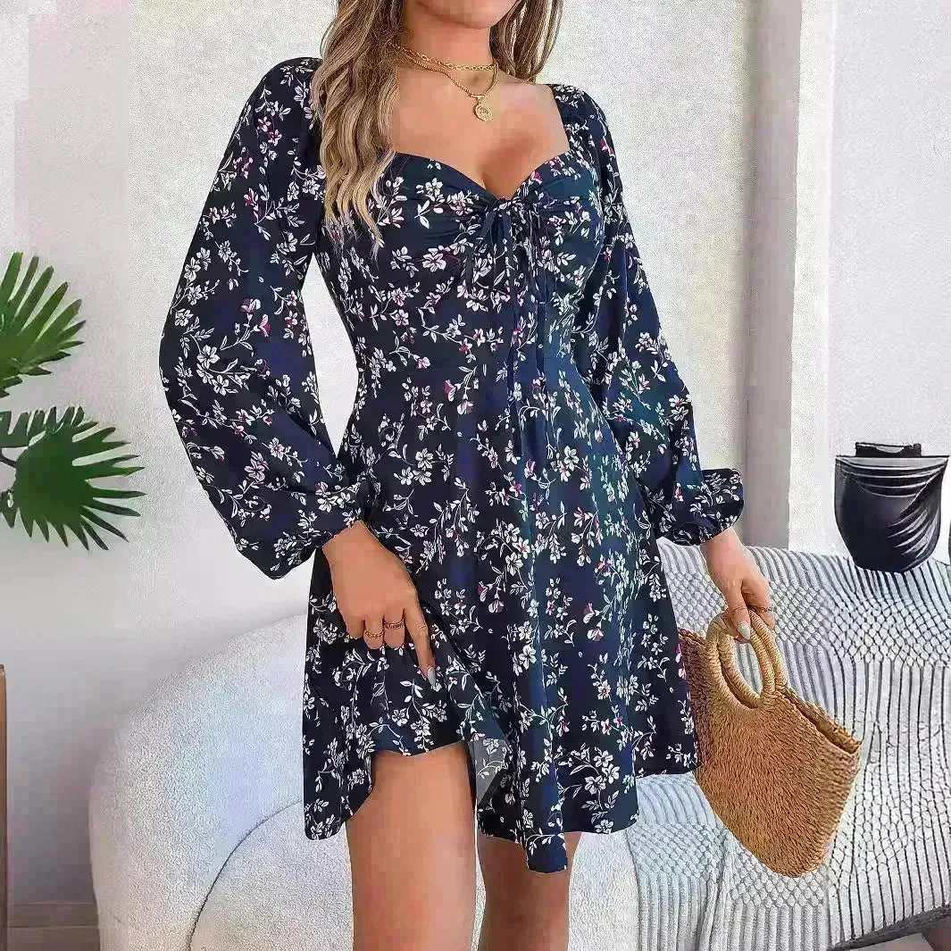 Fashion Floral Print Lantern Sleeve Short Mini Skater Dress Casual Charming Tie Square Neck Long Sleeve A-Line Dress Women's Clothing