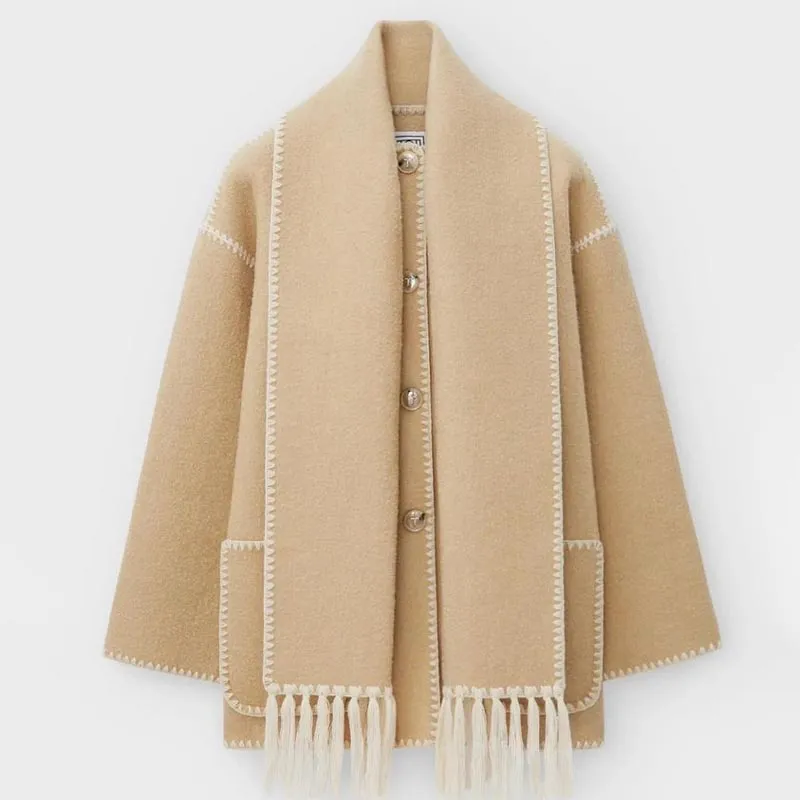 Hot Sale 49% OFFWomens Tassel Scarf Tweed Coat