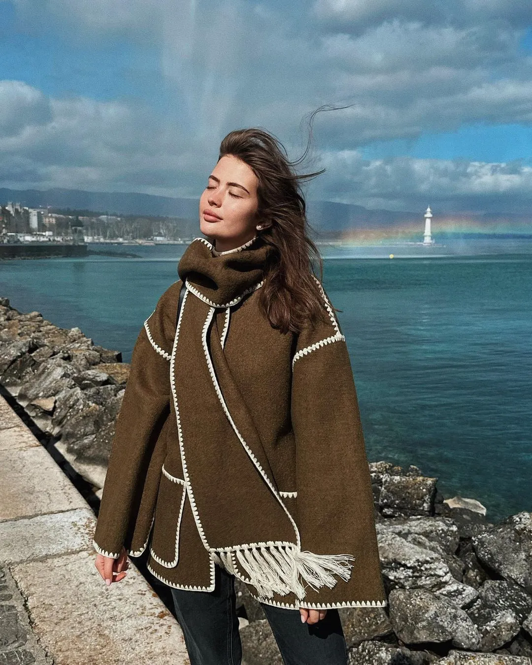 Hot Sale 49% OFFWomens Tassel Scarf Tweed Coat
