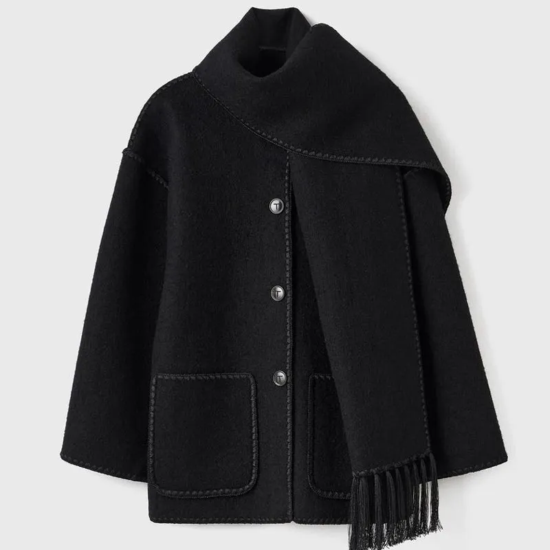 Hot Sale 49% OFFWomens Tassel Scarf Tweed Coat