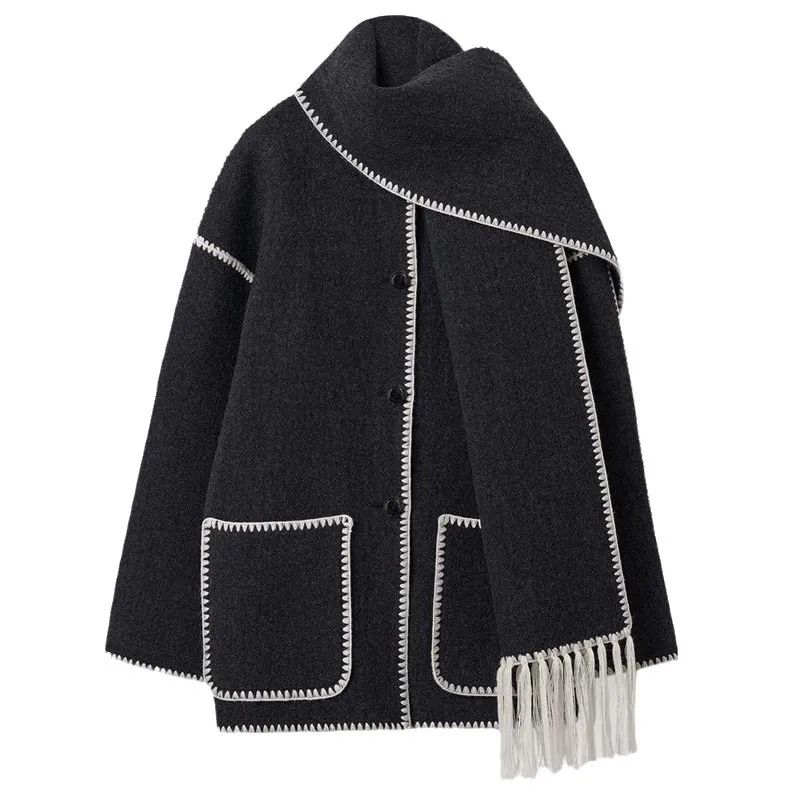 Hot Sale 49% OFFWomens Tassel Scarf Tweed Coat