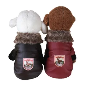 Leather Winter Fur Coat Warm Fleece Lining For Small Dogs