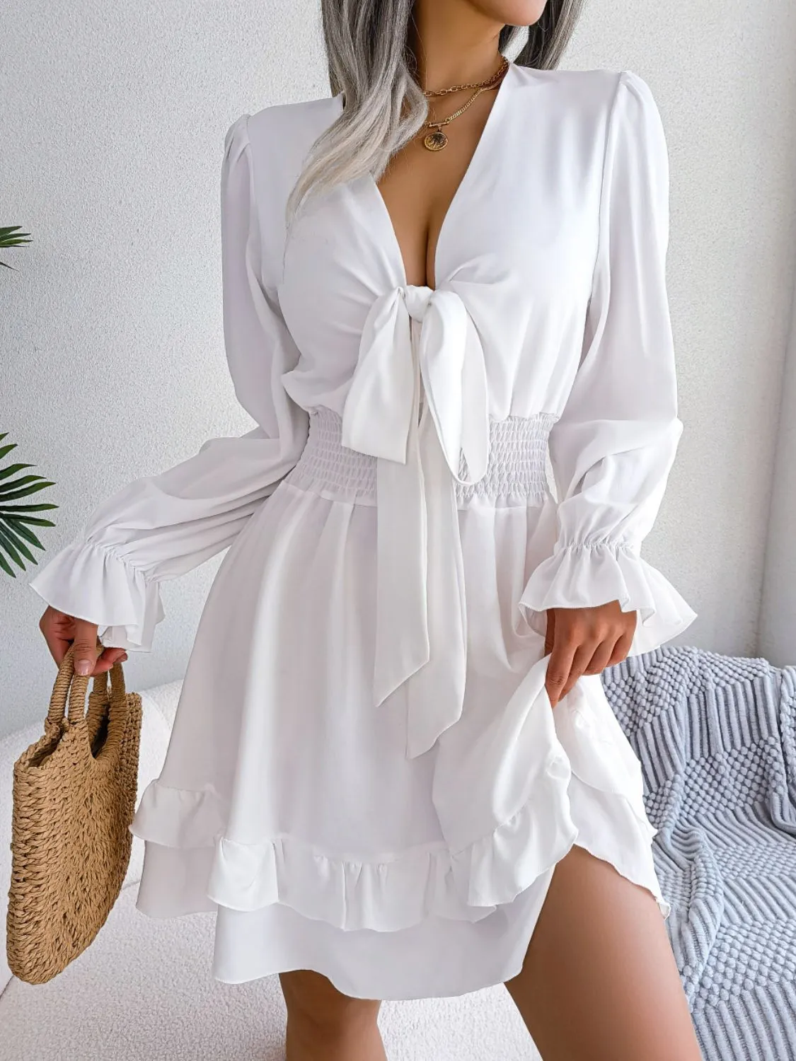 Make You Happy Tie Front Smocked Waist Flounce Sleeve Dress