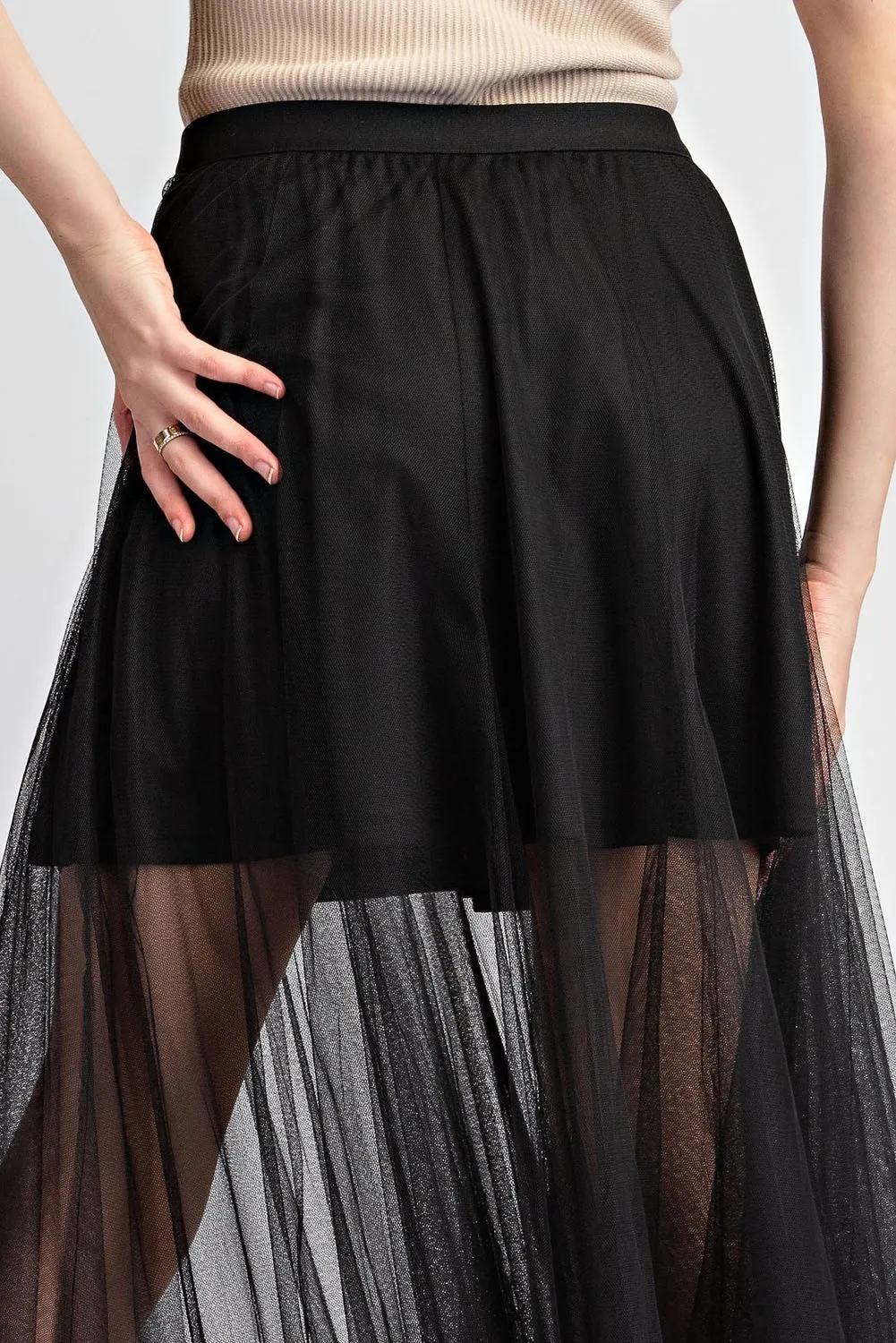 Mesh A-Line Sheer Midi Skirt - Black