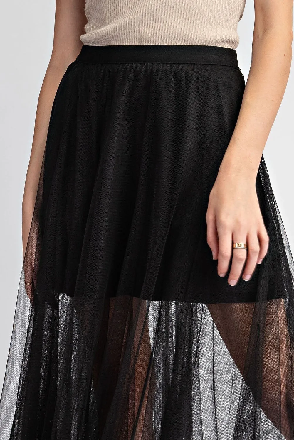 Mesh A-Line Sheer Midi Skirt - Black