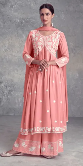 Peach Nyra Cut Palazzo Suit, Lukhnawi embroidery Palazzo Suit, Indian Ethnic wear