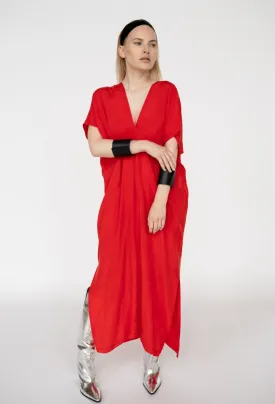 Red Cupro Kaftan Dress/ one size/ Zero waste
