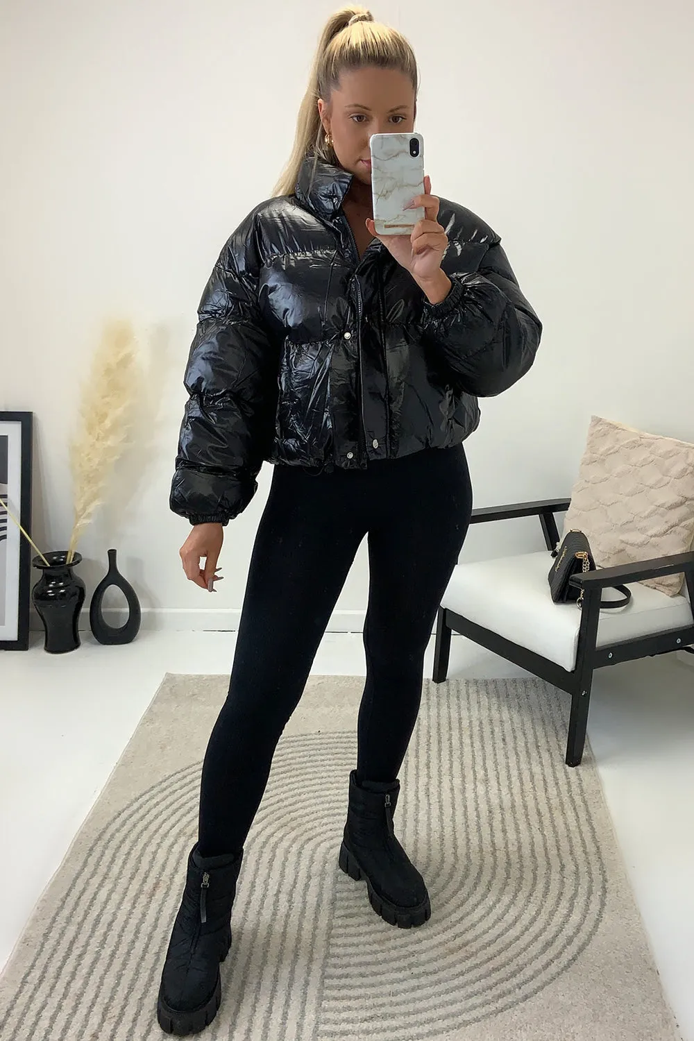 Reeya Black Cropped Puffer Jacket