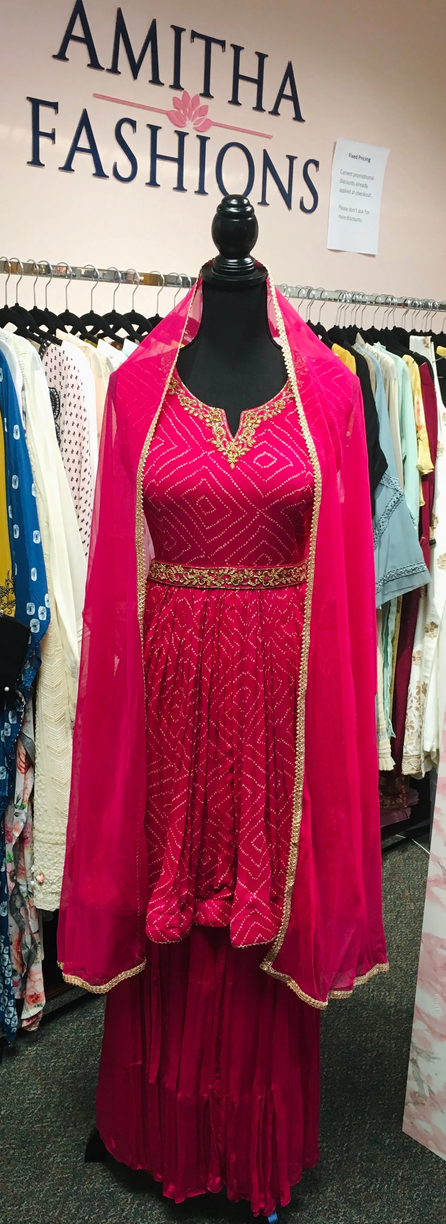 RFSS1229 - Georgette Bandhini Peplum Kurta in Dark Pink. Comes with Georgette Sharara and Dupatta and a hand embroidered belt