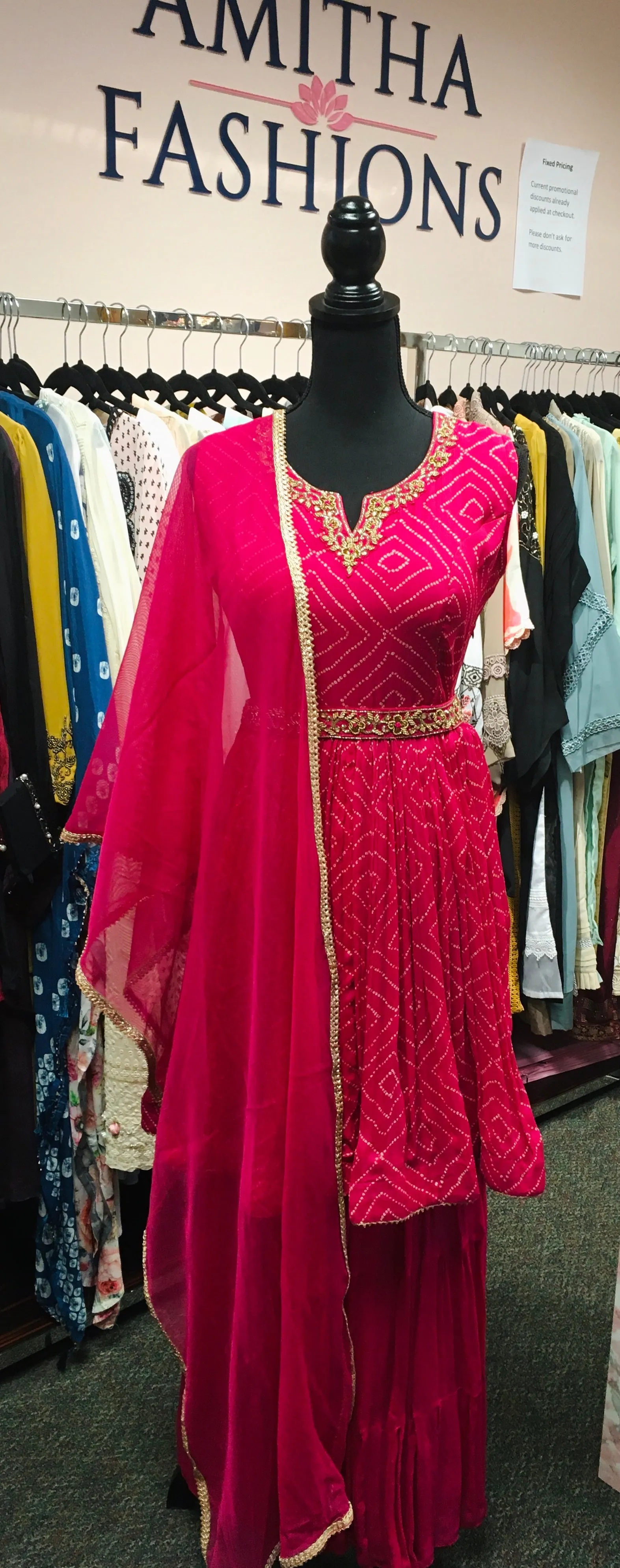 RFSS1229 - Georgette Bandhini Peplum Kurta in Dark Pink. Comes with Georgette Sharara and Dupatta and a hand embroidered belt