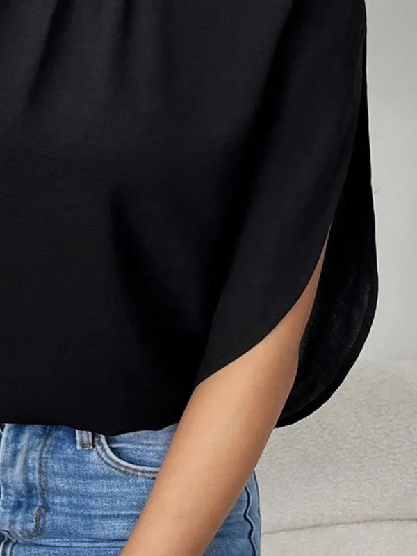 Sequined Solid Color Half Sleeves Loose High Neck Blouses&shirts Tops