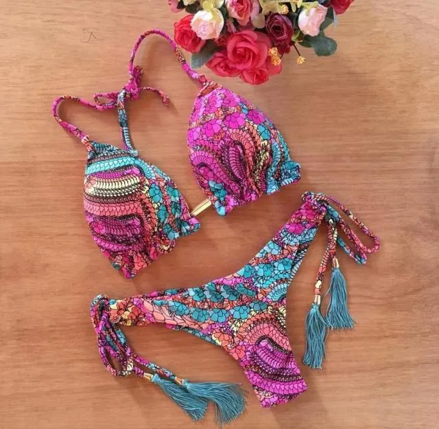 Sexy Feather Print Brazilian Bikini Swimsuit