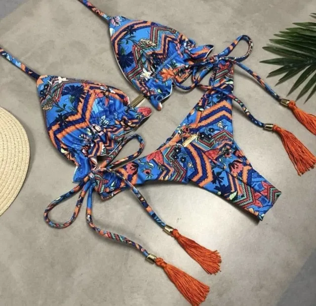 Sexy Feather Print Brazilian Bikini Swimsuit