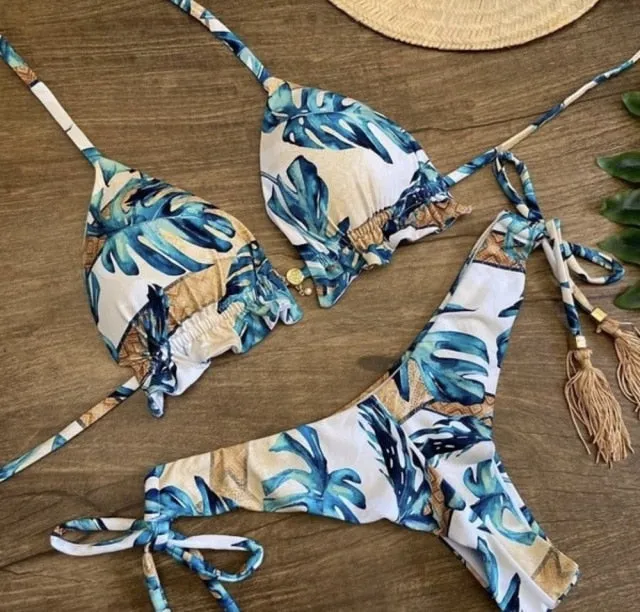 Sexy Feather Print Brazilian Bikini Swimsuit