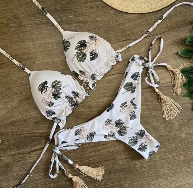 Sexy Feather Print Brazilian Bikini Swimsuit