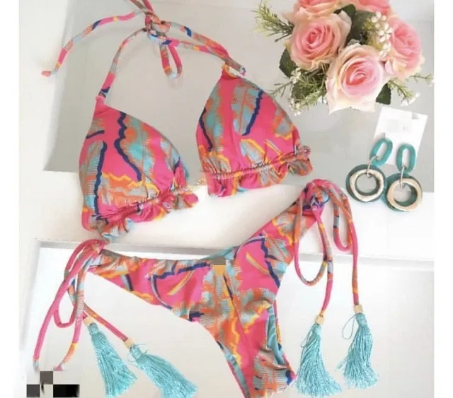 Sexy Feather Print Brazilian Bikini Swimsuit