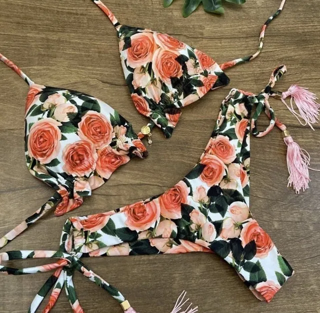 Sexy Feather Print Brazilian Bikini Swimsuit