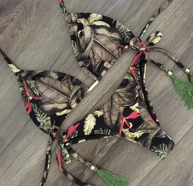 Sexy Feather Print Brazilian Bikini Swimsuit