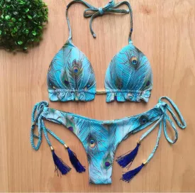 Sexy Feather Print Brazilian Bikini Swimsuit