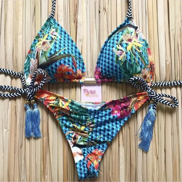 Sexy Feather Print Brazilian Bikini Swimsuit