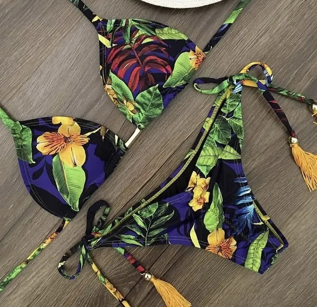 Sexy Feather Print Brazilian Bikini Swimsuit