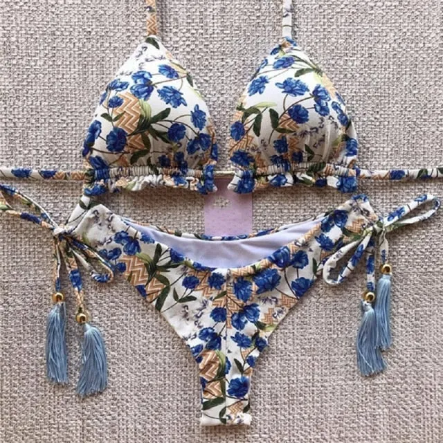 Sexy Feather Print Brazilian Bikini Swimsuit