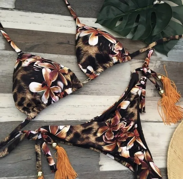 Sexy Feather Print Brazilian Bikini Swimsuit