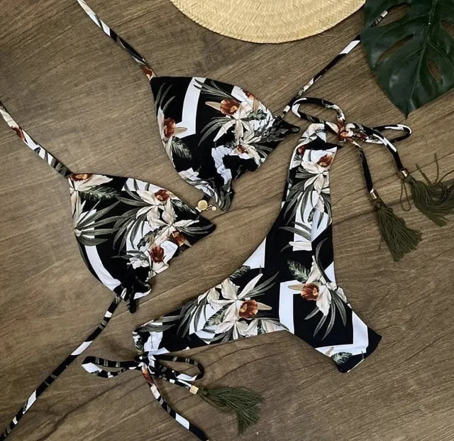 Sexy Feather Print Brazilian Bikini Swimsuit