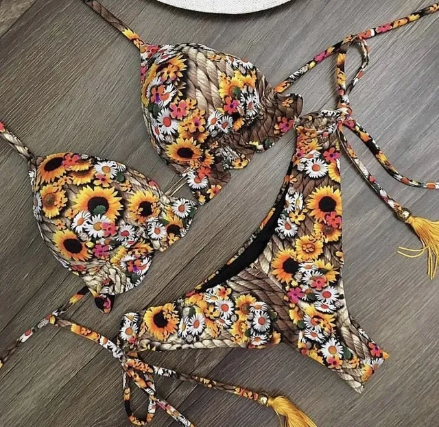Sexy Feather Print Brazilian Bikini Swimsuit