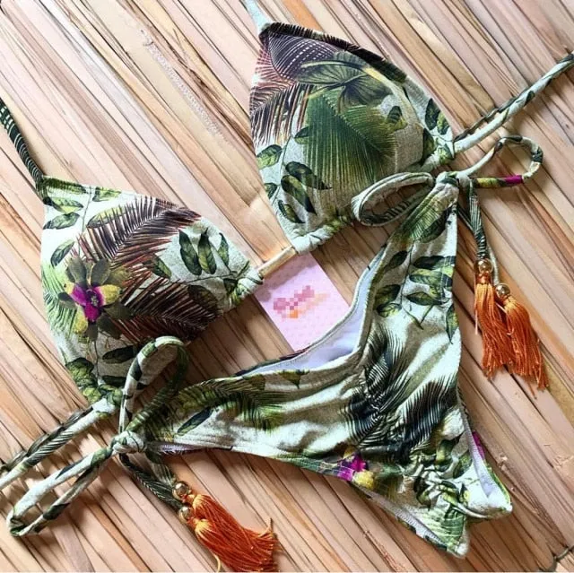 Sexy Feather Print Brazilian Bikini Swimsuit