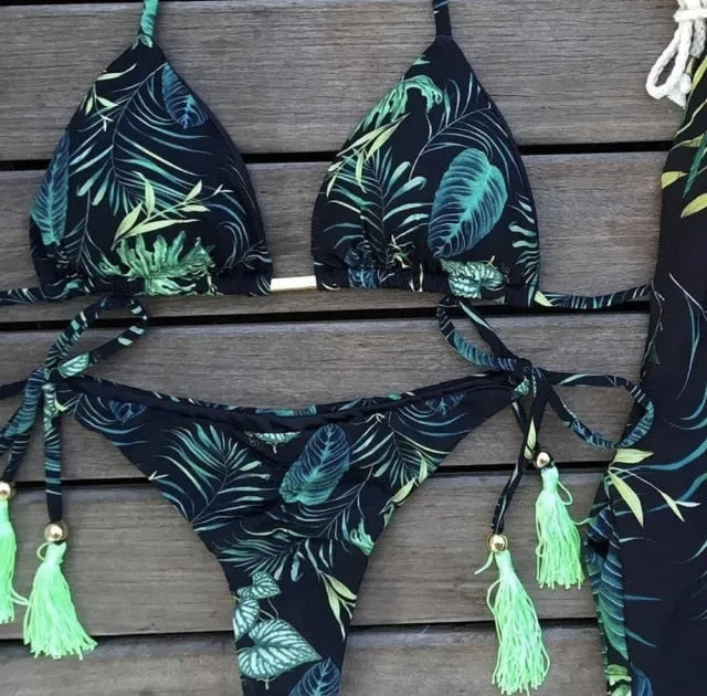 Sexy Feather Print Brazilian Bikini Swimsuit